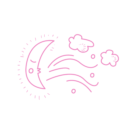Moon Crescent Blowing The Wind Hand Drawn Childish Illustration In Funny Comic Style On White Backgroundのイラスト素材