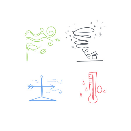 Cold And Windy Weather Set Hand Drawn Childish Illustration In Funny Comic Style On White Backgroundのイラスト素材