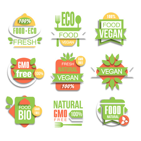 Healthy Vegan Organic Food Promo Signs Set, Flat Vector Graphic Design In Green And Red Color Collectionのイラスト素材