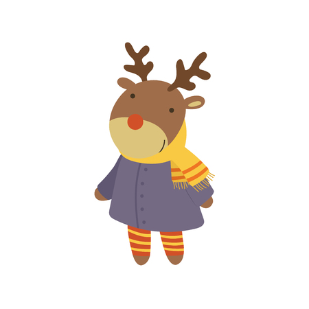 Girl Deer In Blue Warm Coat Adorable Cartoon Character. Stylized Simple Flat Vector Colorful Drawing On White Background.のイラスト素材