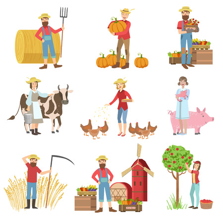 Farmers And Their Products Set Of Simple Childish Flat Colorful Illustrations On White Backgroundのイラスト素材
