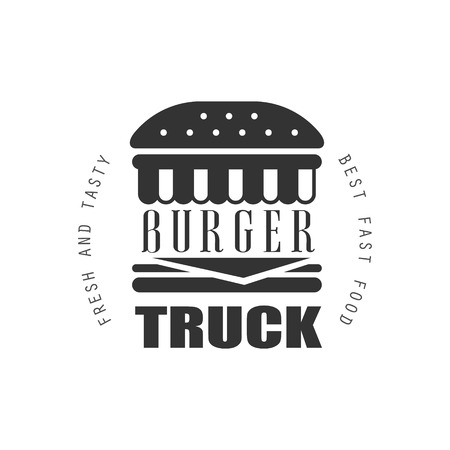 Fresh And Tasty Burger Food Truck   Graphic Design. Black And White Emblem Vector Printのイラスト素材