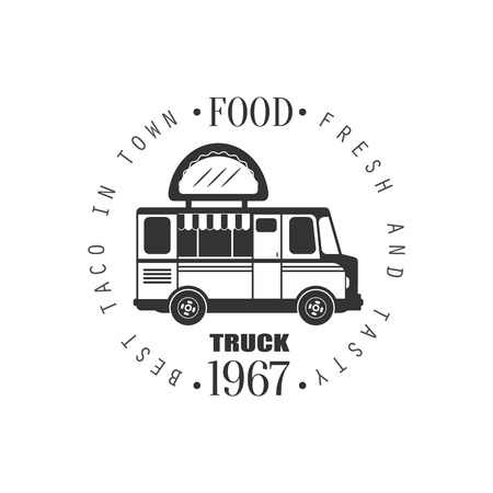 Taco Food Truck   Graphic Design. Black And White Emblem Vector Printのイラスト素材