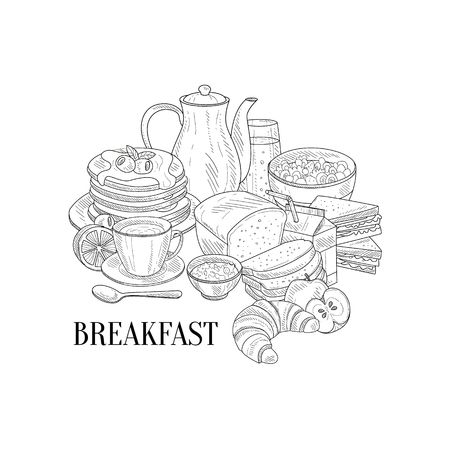 Breakfast Traditional Food And Drink Hand Drawn Realistic Detailed Sketch In Classy Simple Pencil Style On White Backgroundのイラスト素材