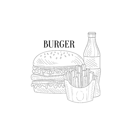 Burger, Soda And French Fries Hand Drawn Realistic Detailed Sketch In Classy Simple Pencil Style On White Backgroundのイラスト素材