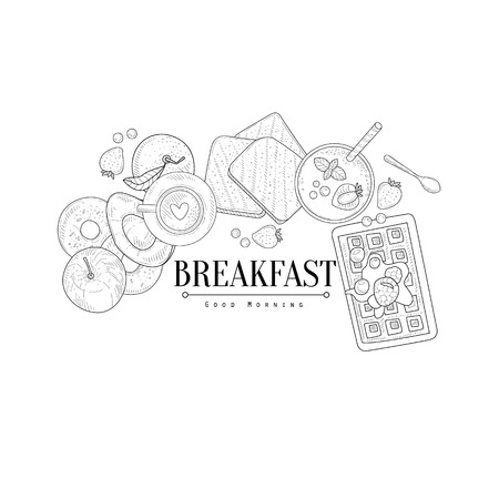 Breakfast With Waffle And Avocado Hand Drawn Realistic Detailed Sketch In Classy Simple Pencil Style On White Backgroundのイラスト素材