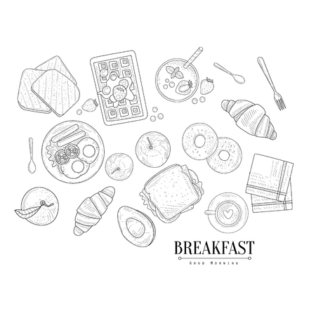Breakfast Food Isolated Drawings Set Hand Drawn Realistic Detailed Sketch In Classy Simple Pencil Style On White Backgroundのイラスト素材