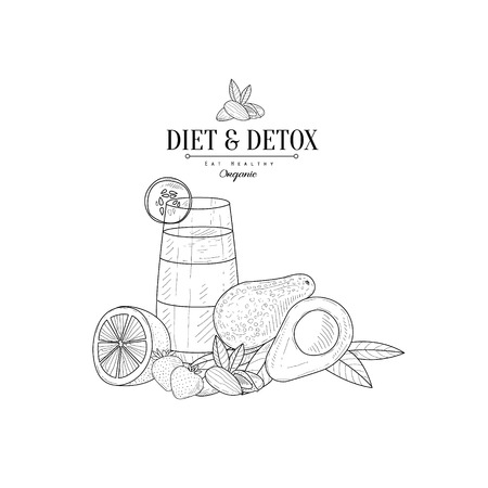 Fresh Vegetables, Fruits And Juice Hand Drawn Realistic Detailed Sketch In Classy Simple Pencil Style On White Backgroundのイラスト素材