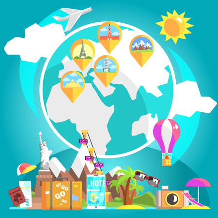 Travelling Attributes With Glove And Marked Destinations On The Background Cool Colorful Vector Illustration In Stylized Geometric Cartoon Designのイラスト素材