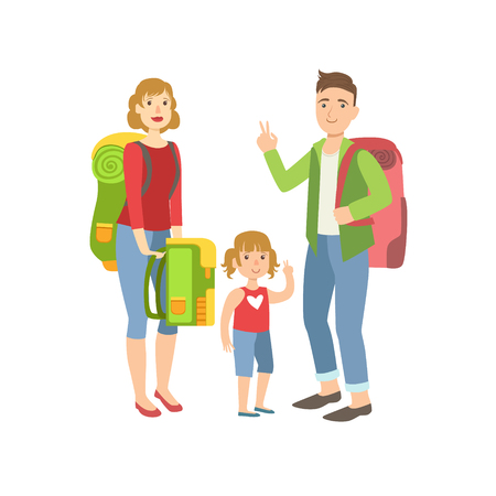Family With Backpacks Preparing For Hike Simple Childish Flat Colorful Illustration On White Backgroundのイラスト素材