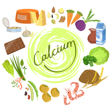 Products Rich In Calcium Infographic Illustration. Simple Colorful Illustration With Objects Surrounding The Text. Flat Vector Set On White Background.のイラスト素材