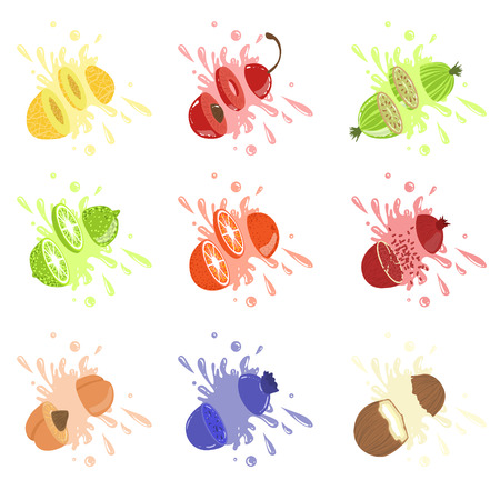 Fruits Cut Bursting With Juice Bright Color Cartoon Simple Style Flat Vector Set Of Stickers Isolated On White Backgroundのイラスト素材