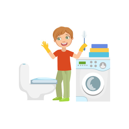 Boy Cleaning The Toilet With Brush In Bathroom Simple Design Illustration In Cute Fun Cartoon Style Isolated On White Backgroundのイラスト素材