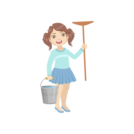 Girl Holding The Mop And Water Bucket Simple Design Illustration In Cute Fun Cartoon Style Isolated On White Backgroundのイラスト素材