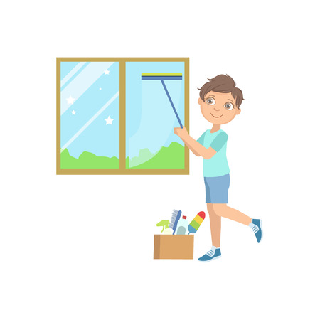 Boy Washing The Window With Wiper Simple Design Illustration In Cute Fun Cartoon Style Isolated On White Backgroundのイラスト素材
