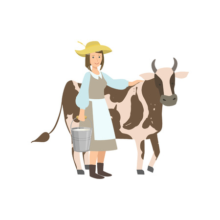 Milkmaid With Cow And Metal Bucket With Milk Simple Childish Flat Colorful Illustration On White Backgroundのイラスト素材