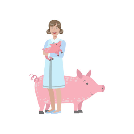 Woman In White Gown Holding A Piglet With Adult Pig Behing Her Simple Childish Flat Colorful Illustration On White Backgroundのイラスト素材