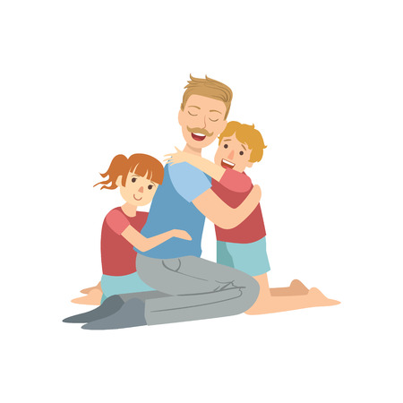Dad Hugging His Son And Daughter Simple Childish Flat Colorful Illustration On White Backgroundのイラスト素材