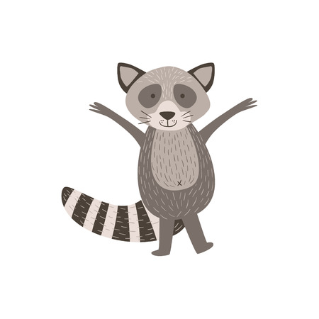 Humanized Raccoon Greeting Stylized Cute Childish Flat Vector Drawing Isolated On White Backgroundのイラスト素材
