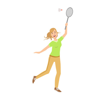 Woman Playing Badminton With Shuttlecock Illustration Isolated On White Background. Simplified Cartoon Character Flat Vector Iconのイラスト素材