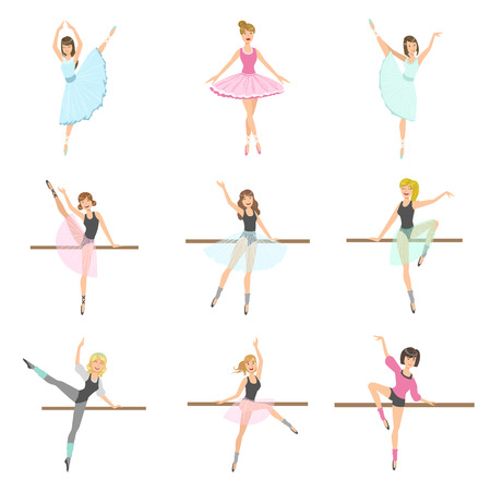 allet Dancers In Different Poses Rehearsing Set Of Flat Simplified Childish Style Cute Vector Illustrations Isolated On White Backgroundのイラスト素材