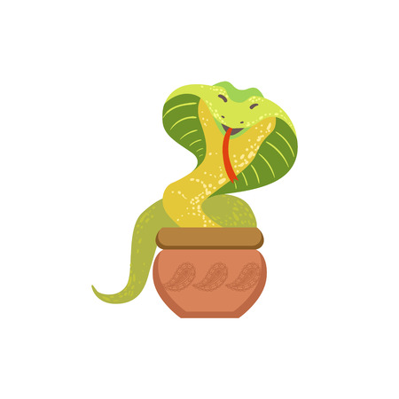 Charmed Cobra Snake Coming Out Of The Basket Country Cultural Symbol Illustration. Simplified Cartoon Style Drawing Isolated On White Backgroundのイラスト素材