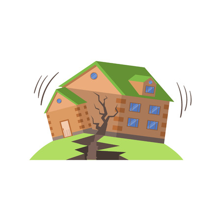 Huse In Earthquake, Natural Forces Threat Flat Vector Illustration. Insurance Case Clipart Drawing In Childish Cartoon Style.のイラスト素材