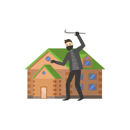 House And A Burglar Flat Vector Illustration. Insurance Case Clipart Drawing In Childish Cartoon Style.のイラスト素材