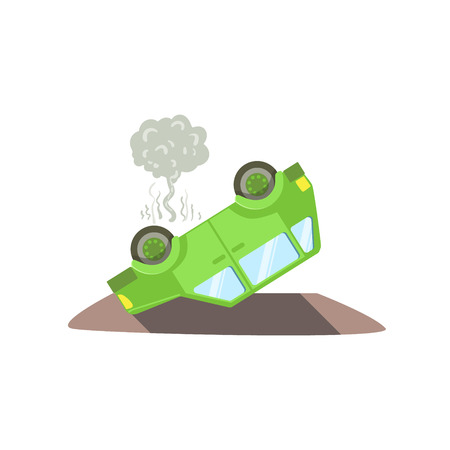 Car Laying On Its Roof After A Crush Flat Vector Illustration. Insurance Case Clipart Drawing In Childish Cartoon Style.のイラスト素材