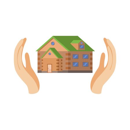 House Protected By Two Palms Flat Vector Illustration. Insurance Case Clipart Drawing In Childish Cartoon Style.のイラスト素材