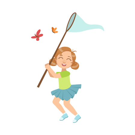 Girl Catching Butterflies With Net Simple Design Illustration In Cute Fun Cartoon Style Isolated On White Backgroundのイラスト素材