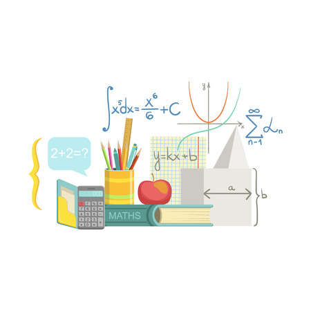 Mathematics Related Objects Composition, Simple Childish Flat Colorful Illustration On White Backgroundのイラスト素材