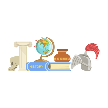 History Class Related Objects Composition, Simple Childish Flat Colorful Illustration On White Backgroundのイラスト素材
