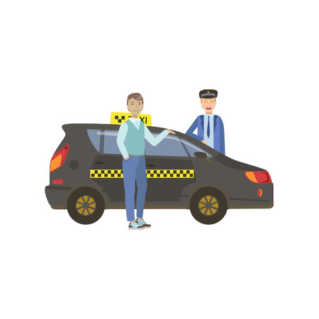 Man Passenger And Driver Standing Next To Black Taxi Car Simple Childish Flat Colorful Illustration On White Backgroundのイラスト素材
