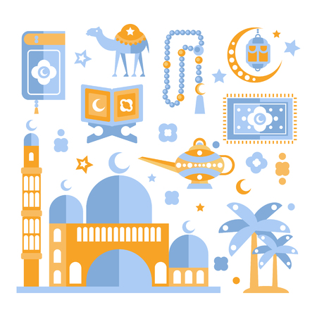 Muslim Religious Holiday Symbols Set. Ramadan Celebration Decorative Elements Flat Blue And Orange Vector Geometric Illustrationのイラスト素材
