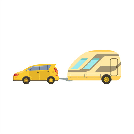 Yellow Car Pulling The Trailer Icon. Family Motorhome Flat Colorful Car. Microbus For Family Vacation Isolated Illustration.のイラスト素材