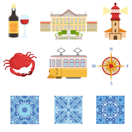 Collection Of Portuguese National Symbols Objects. The Famous Portuguese Azulejos Things, The Parliament, Lighthouse, Seafood, Wine Vector Illustration.のイラスト素材