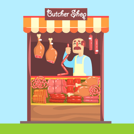Butcher Behind Market Counter With Assortment Of Meat. Bright Color Graphic Cool Flat Vector Detailed Illustration.のイラスト素材