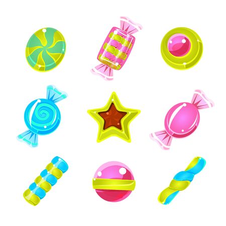 Hard Candy Colorful Simplified Icons Flat Cartoon Vector Icons Isolated On White Backgroundのイラスト素材