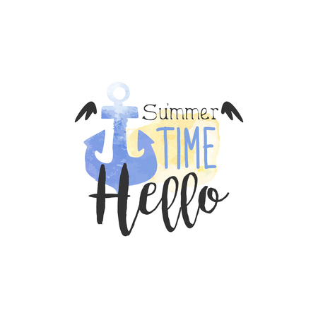 Hello Summer Time Message Watercolor Stylized Label. Bright Color Summer Vacation Hand Drawn Promo Sign. Touristic Agency Vector Ad Template.のイラスト素材