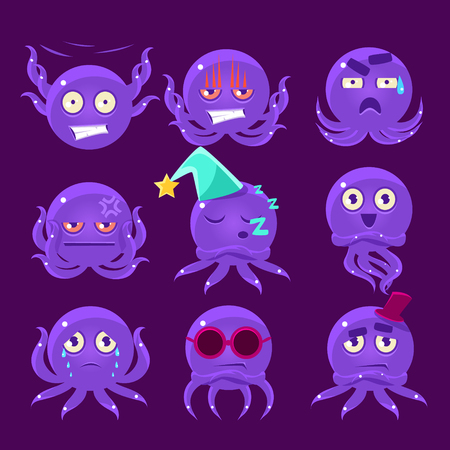 Funny Octopus Character Emoji Set. Cute Emoticons In Cartoon Childish Style Isolated On Dark Background.のイラスト素材