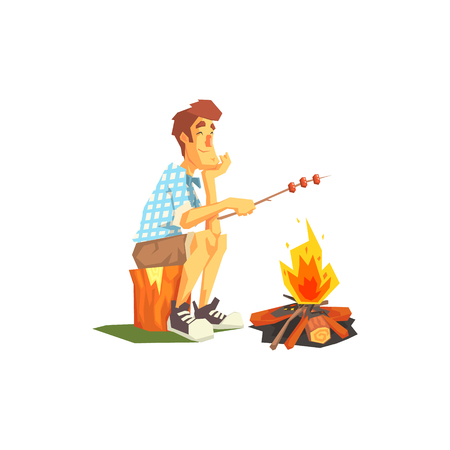Guy Frying Meat On Camp Bonfire. Cool Colorful Vector Illustration In Stylized Geometric Cartoon Design On White Backgroundのイラスト素材