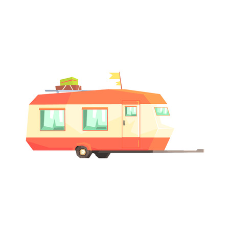 Big Family Travelling Trailer. Cool Colorful Vector Illustration In Stylized Geometric Cartoon Design On White Backgroundのイラスト素材