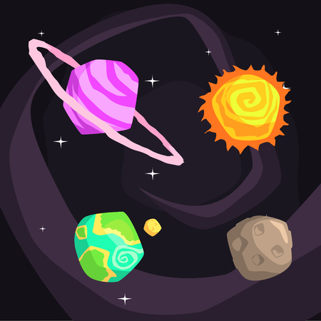 Solar System Planets Including Sun, Earth, Jupiter And Pluto On Dark Night Sky Background. Cool Colorful Cosmic Fantasy Vector Illustration In Stylized Geometric Cartoon Designのイラスト素材