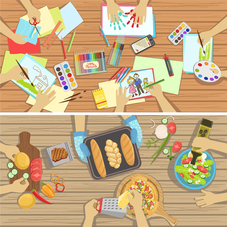 Children Craft And Cooking Lesson Two Illustrations With Only Hands Visible From Above The Table. Kids In Art Class Working In Teams Colorful Cartoon Cute Vector Pictures.のイラスト素材