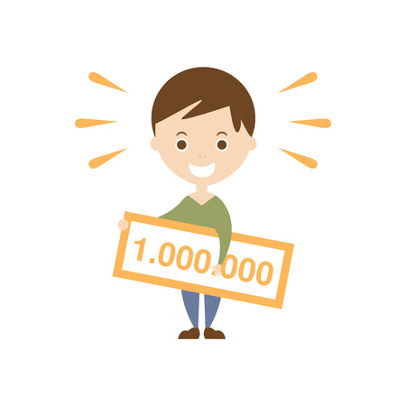Winning Lottery As Personal Happiness Idea. Man Holdin Lottery Prize Cheque Simple Flat Cartoon Vector Illustration On White Backgroundのイラスト素材