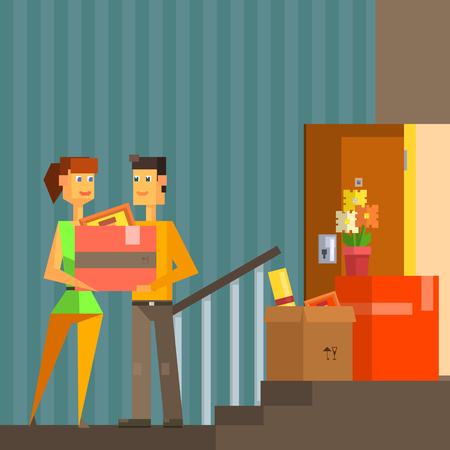 Young Couple Moving Into New Apartment Pixelated Illustration. Minimalistic 8-bit Style Bright Color Illustration OF Resettlement Process.のイラスト素材