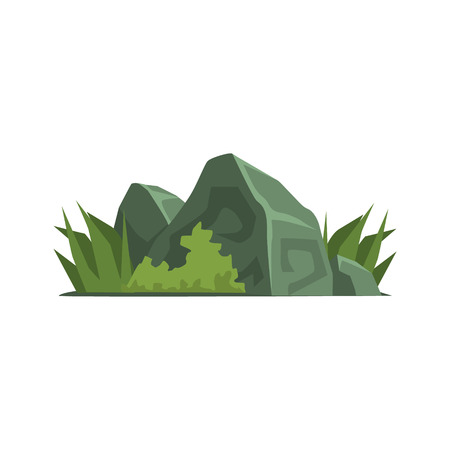 Rocks Covered With Vegetation Jungle Landscape Element. Simple Tropical Forest Object Illustration Isolated On White Background.のイラスト素材