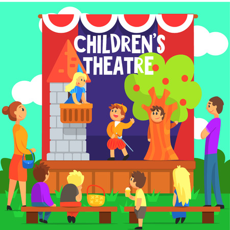 Amateur Children Theatre Performance Of A Fairy Tale. Theatrical Stage Outdoors With Kids Actors Colorful Vector Illustration In Simple Cartoon Manner.のイラスト素材