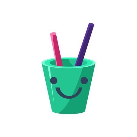 Pencil Holder Cup Primitive Icon With Smiley Face. Office Or School Desk Supply Sticker In Simplified Childish Cartoon Vector Design Isolated On White Backgroundのイラスト素材